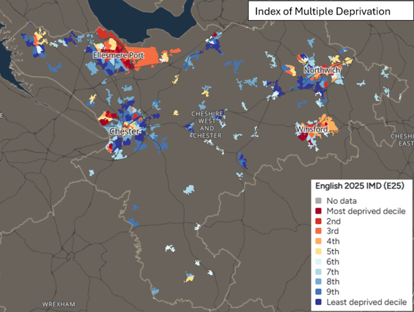 Map showing Index of Multiple Deprivation across Cheshire West and Chester