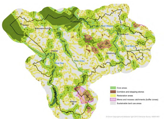 Map of Cheshire West and Chester showing the ecological network