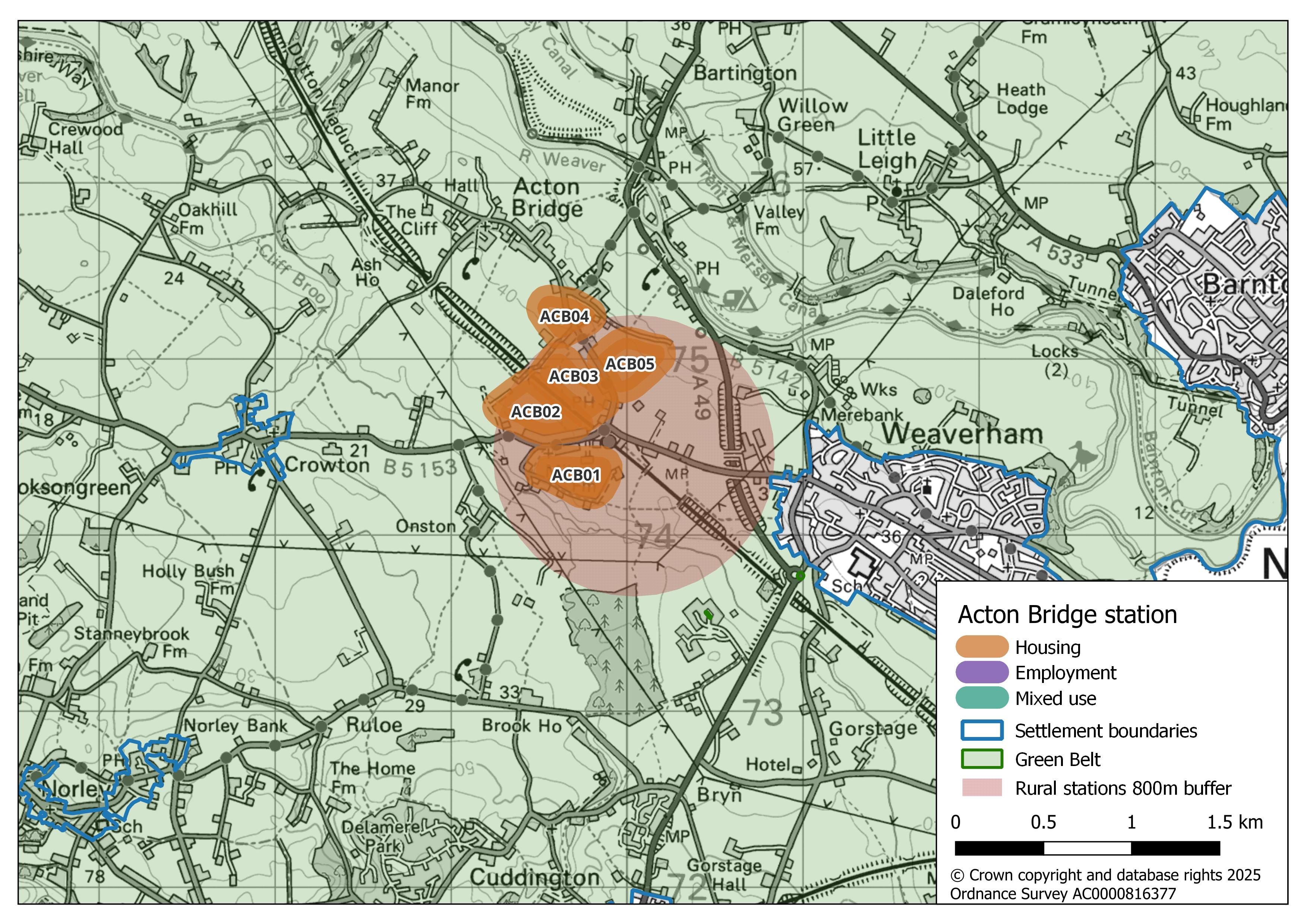 Map showing Acton Bridge Station’s potential growth areas. Five areas highlighted in orange (ACB01, ACB02, ACB03, ACB04, and ACB05) are designated for housing. A circular 800 m buffer around the station, highlighted in light red, extends to the south-east of these areas.