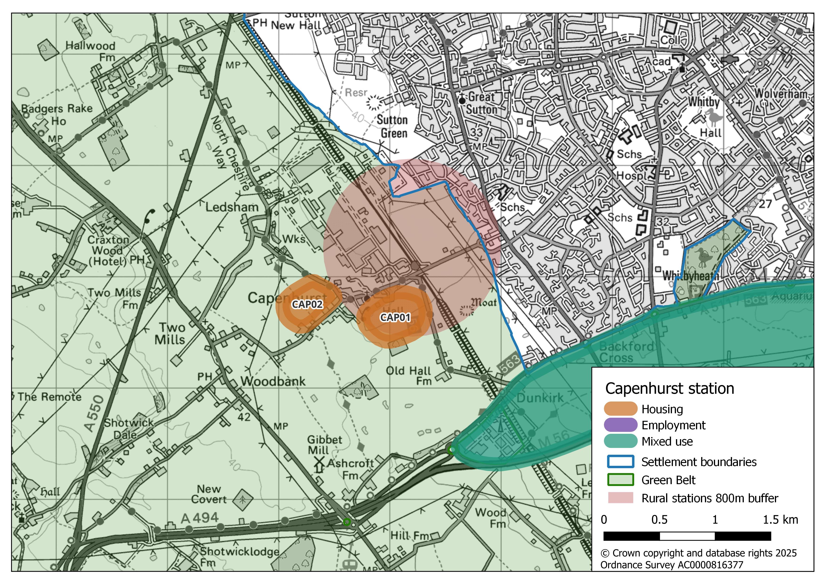 Map showing Capenhurst Station’s potential growth areas. Two areas highlighted in orange (CAP01 and CAP02) are designated for housing. An 800 m circular rural station buffer, highlighted in light red, extends to the north-east of these areas.