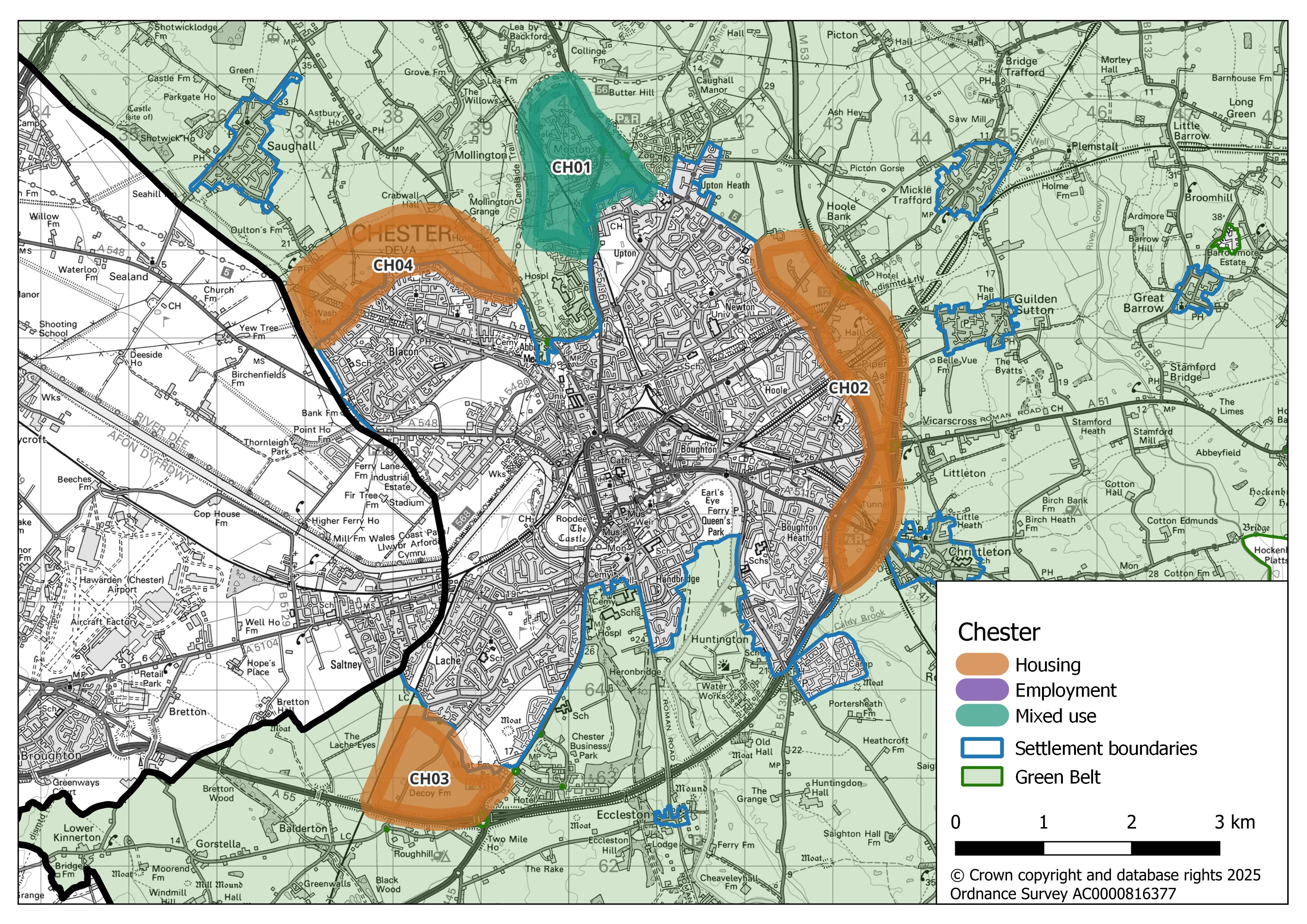 Map showing Chester’s potential growth areas. Three areas highlighted in orange are designated for housing: CH02 (west), CH03 (south-east), and CH04 (north-east). One area, CH01 (north), is highlighted in dark green and designated for mixed use.