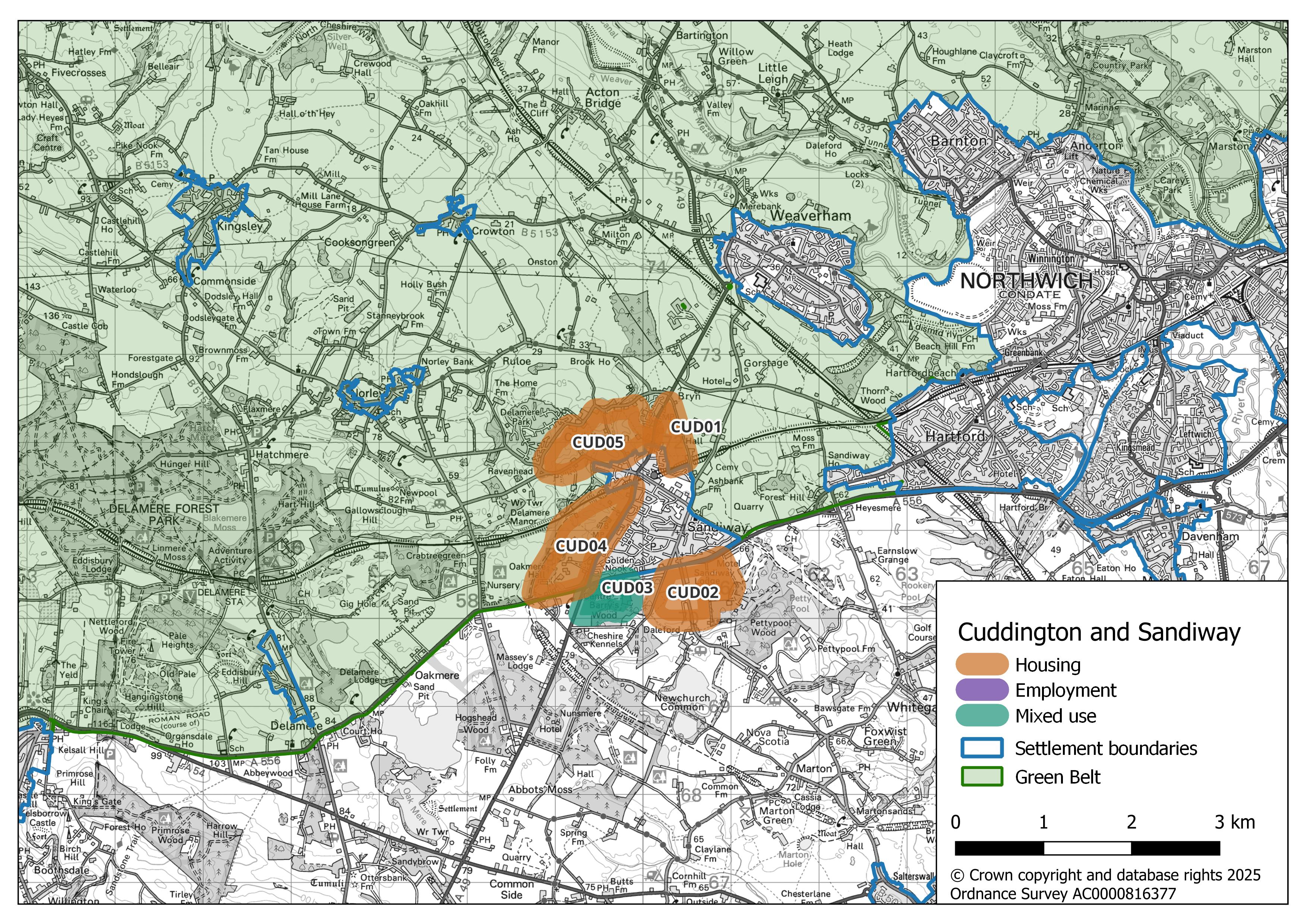 Map showing Cuddington’s potential growth areas. Four areas highlighted in orange to the east and south of the settlement boundaries are designated for housing (CUD01, CUD02, CUD04, and CUD05). One mixed-use area to the south-east is highlighted (CUD03).