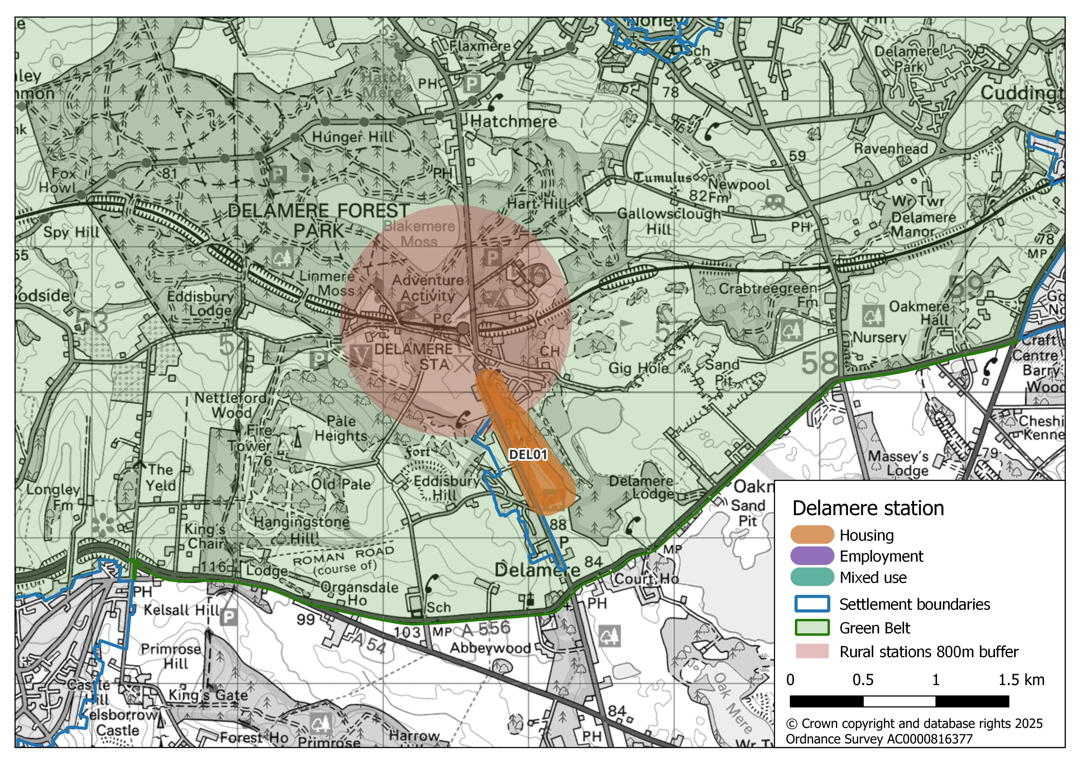 Map showing Delamere Station’s potential growth areas. One area highlighted in orange (DEL01) is designated for housing. An 800 m circular rural station buffer, highlighted in light red, extends to the north-west.