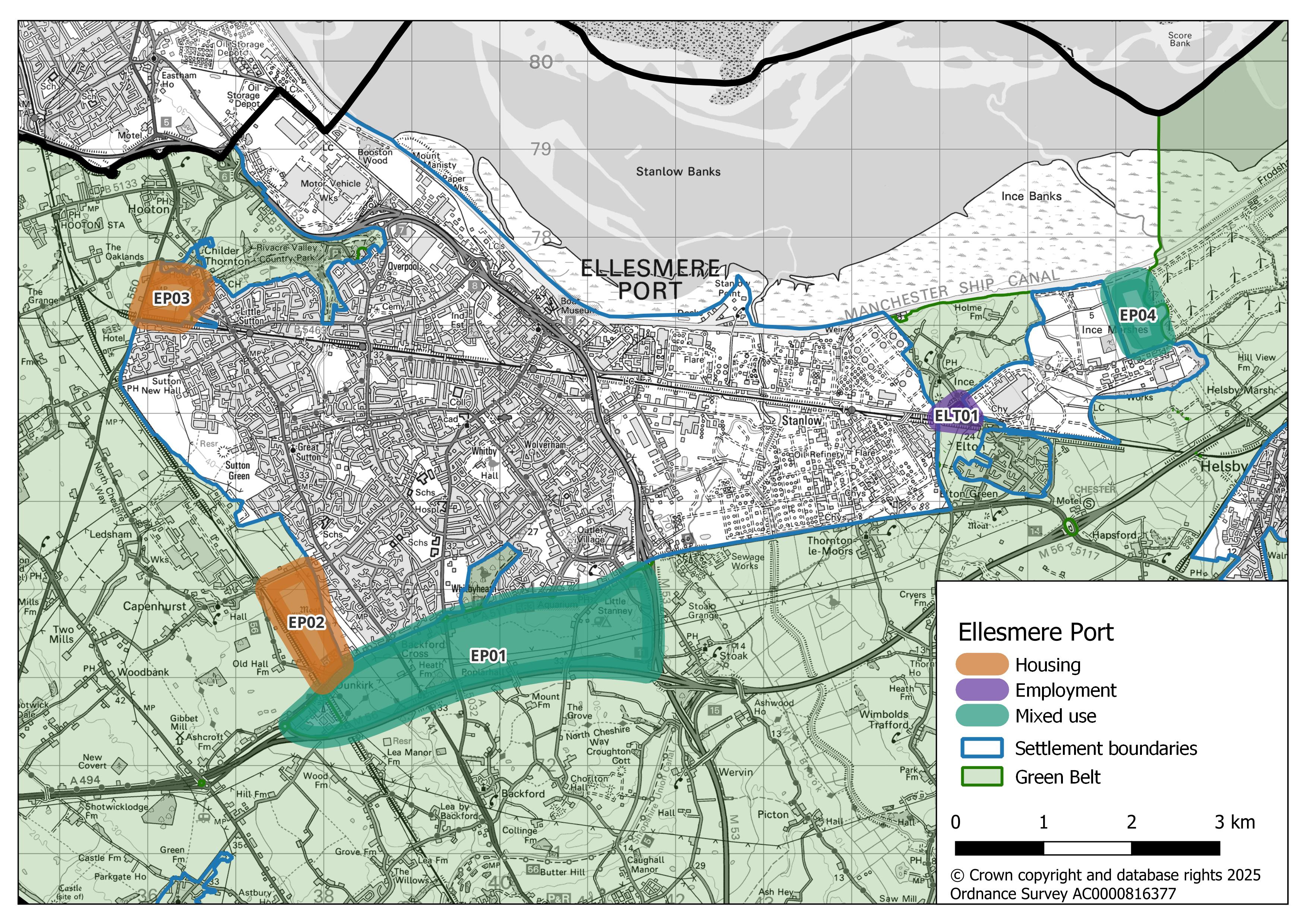 Map of Ellesmere Port showing growth areas: housing zones EP02 (south-east) and EP03 (north-east) in orange; mixed-use zones EP01 (south-east) and EH04 (east) in dark green; and employment zone ELT01 (east).