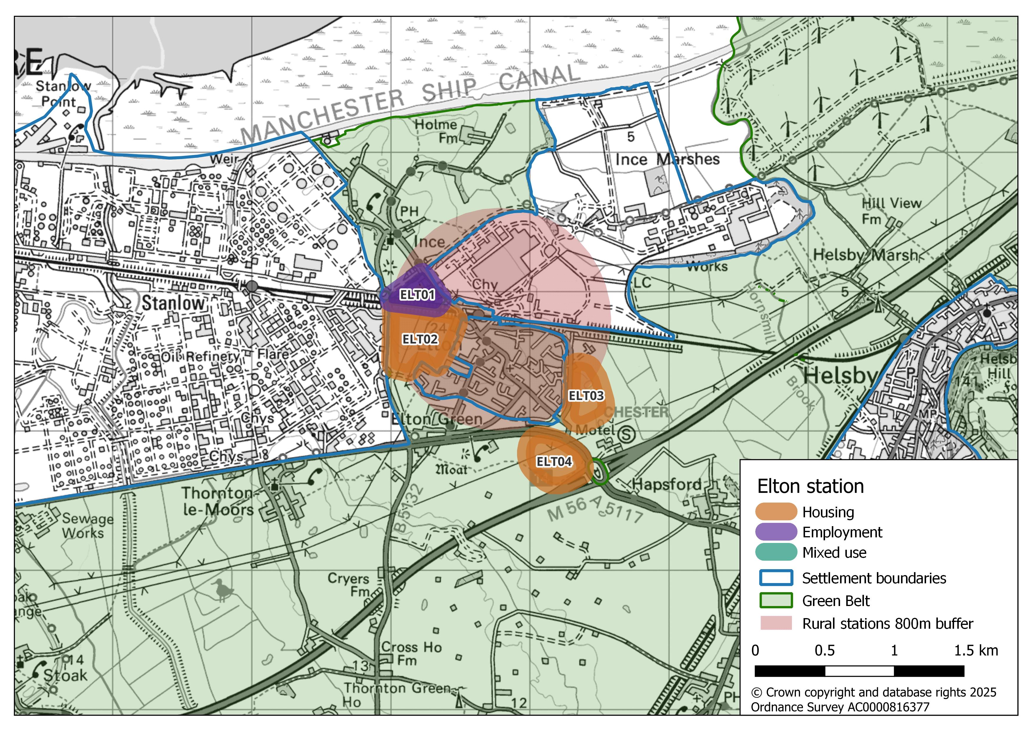 Map showing Elton Station’s potential growth areas. An 800 m circular rural station buffer, highlighted in light red, surrounds the area. To the west, ELT01 is designated for employment (purple) and ELT02 for housing (orange). To the south-east, ELT03 and ELT04 are designated for housing (orange).