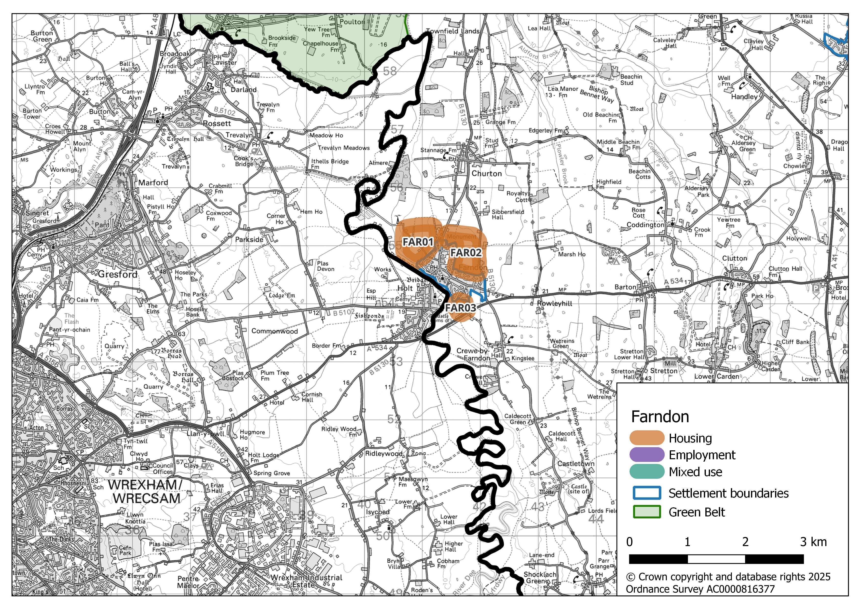 Map showing Farndon’s potential growth areas. Three areas highlighted in orange north and south of the settlement boundary are designated for housing (FAR01, FAR02, and FAR03).