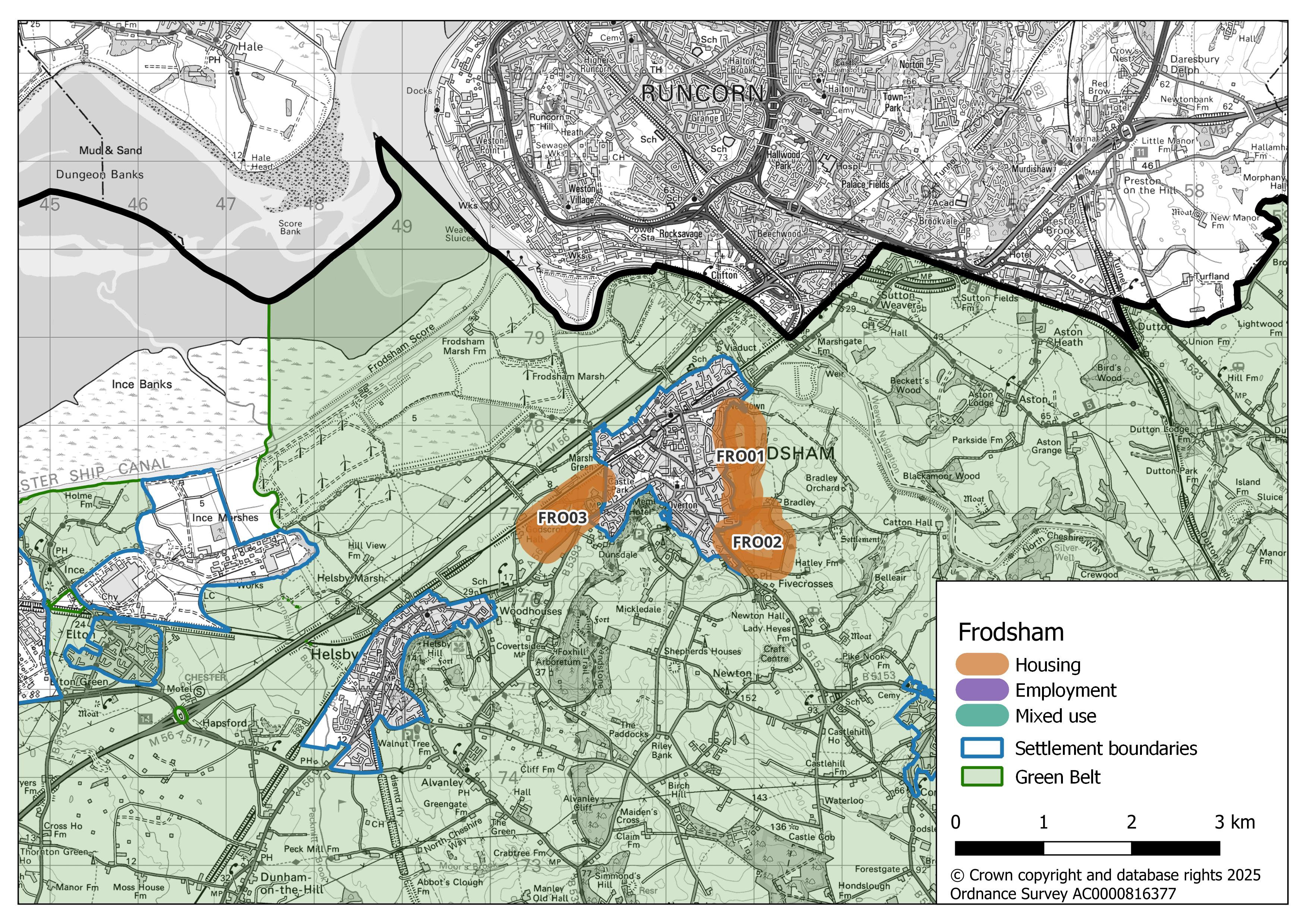 Map showing Frodsham’s potential growth areas. Three areas highlighted in orange to the east and west of the settlement boundary are designated for housing (FRO01, FRO02, and FRO03).