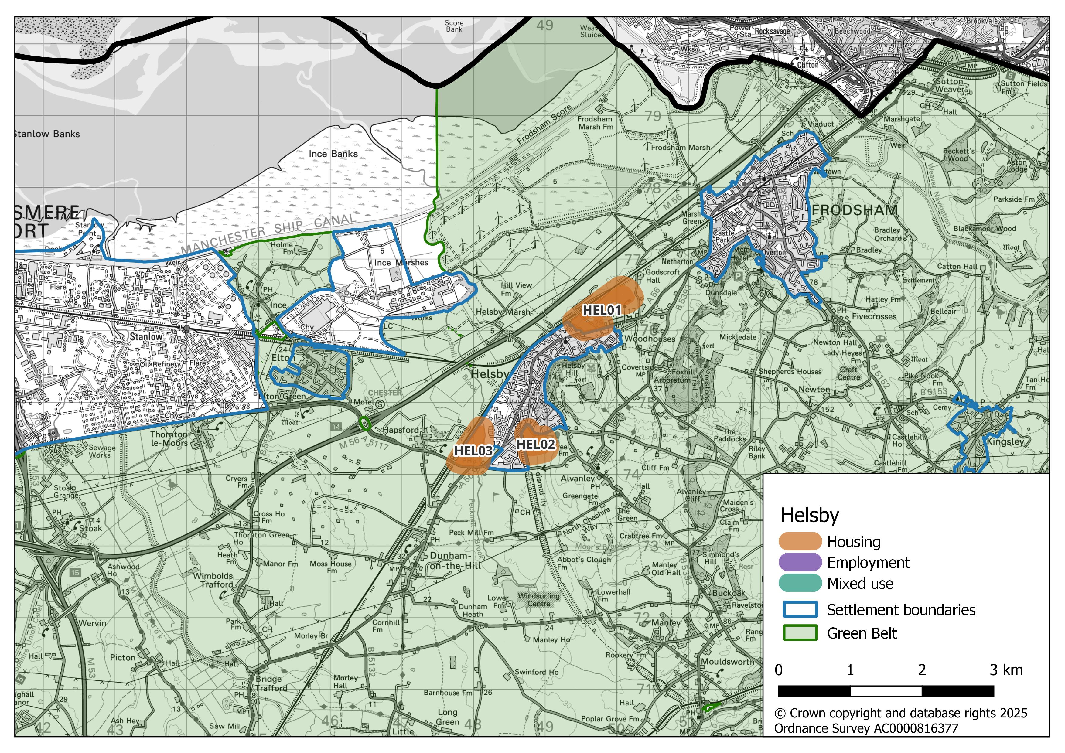 Map showing Helsby’s potential growth areas. Three areas highlighted in orange - south-west, south-east, and north-east of the settlement boundary - are designated for housing (HEL01, HEL02, and HEL03).