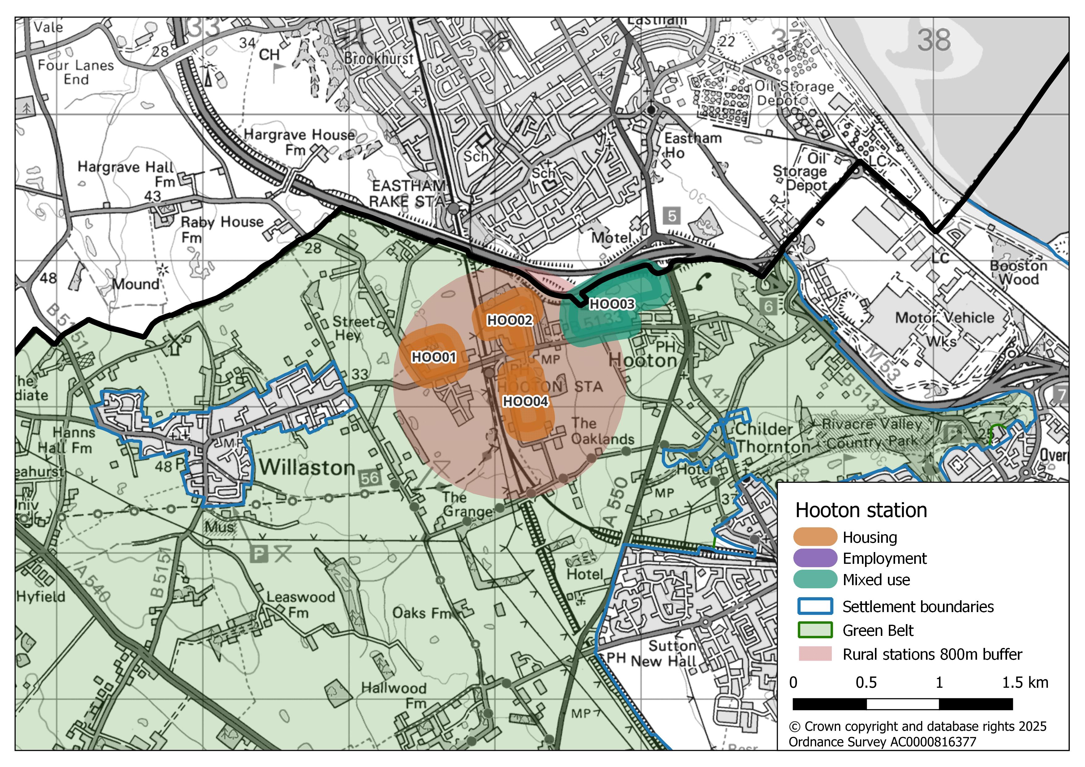 Map showing Hooton Station’s potential growth areas. An 800 m circular rural station buffer, highlighted in light red, surrounds three housing areas (HOO01, HOO02, and HOO04) within it. To the west of the buffer, a dark green area (HOO03) is designated for mixed use.