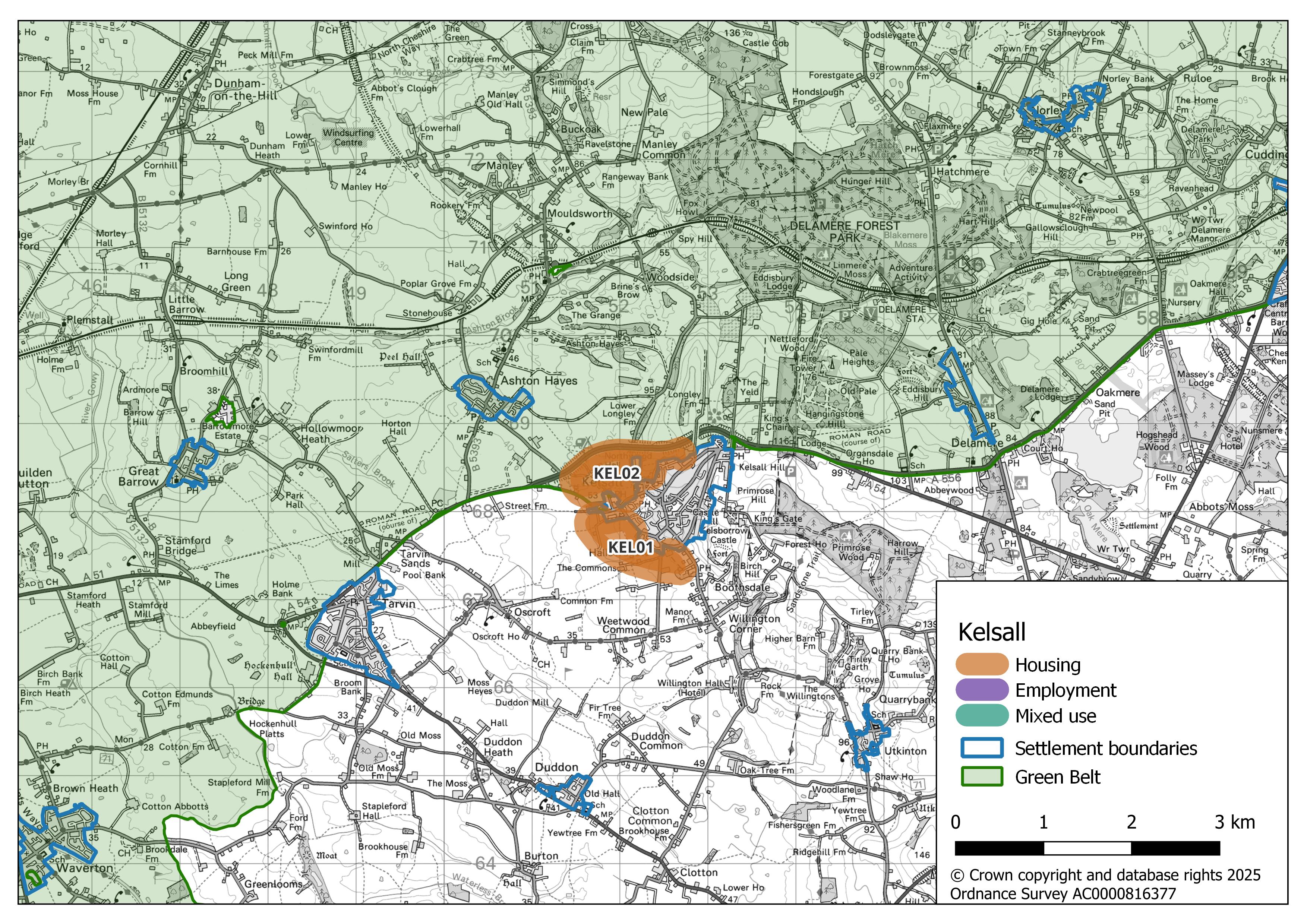 Map showing Chester’s potential growth areas. Two areas highlighted in orange on the west side of the settlement are designated for housing (KEL01 and KEL02).