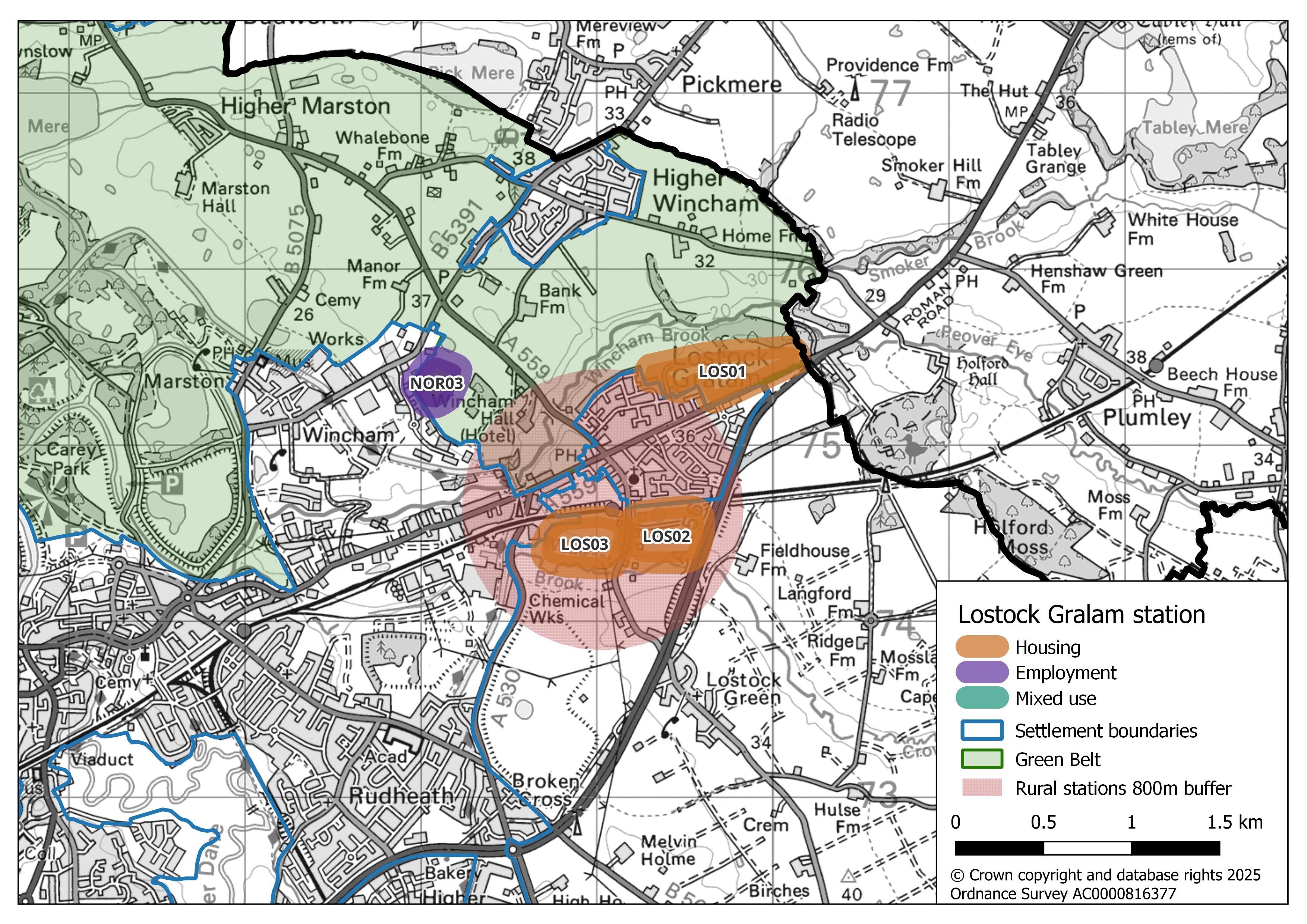 Map showing Lostock Gralam Station’s potential growth areas. An 800 m circular rural station buffer, highlighted in light red, surrounds two housing areas (LOS02 and LOS03). Outside the buffer, one housing area (LOS01) is located to the north-east, and an employment area (NOR03) is located to the north-west.