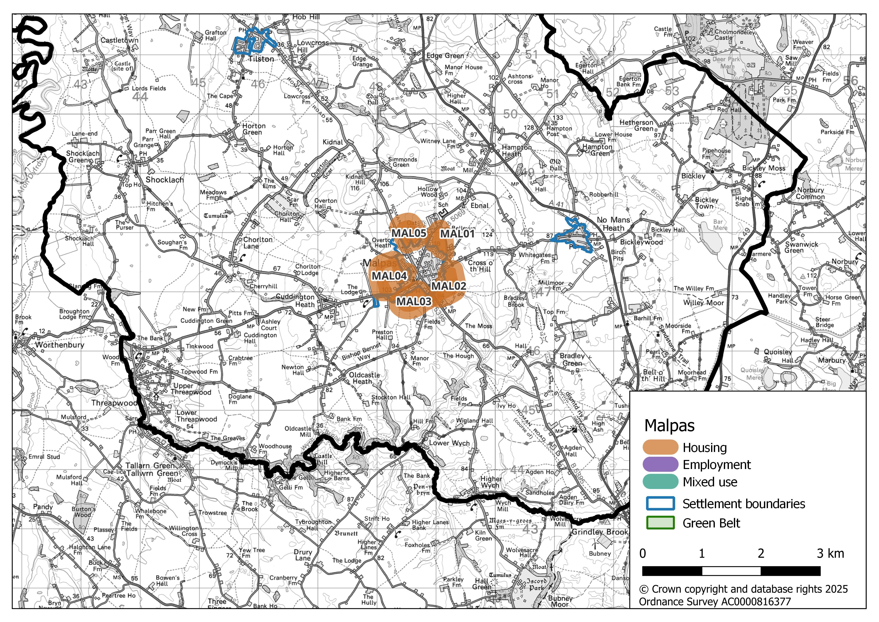 Map showing Malpas’s potential growth areas. Five areas highlighted in orange around the settlement are designated for housing (MAL01, MAL02, MAL03, MAL04, and MAL05).