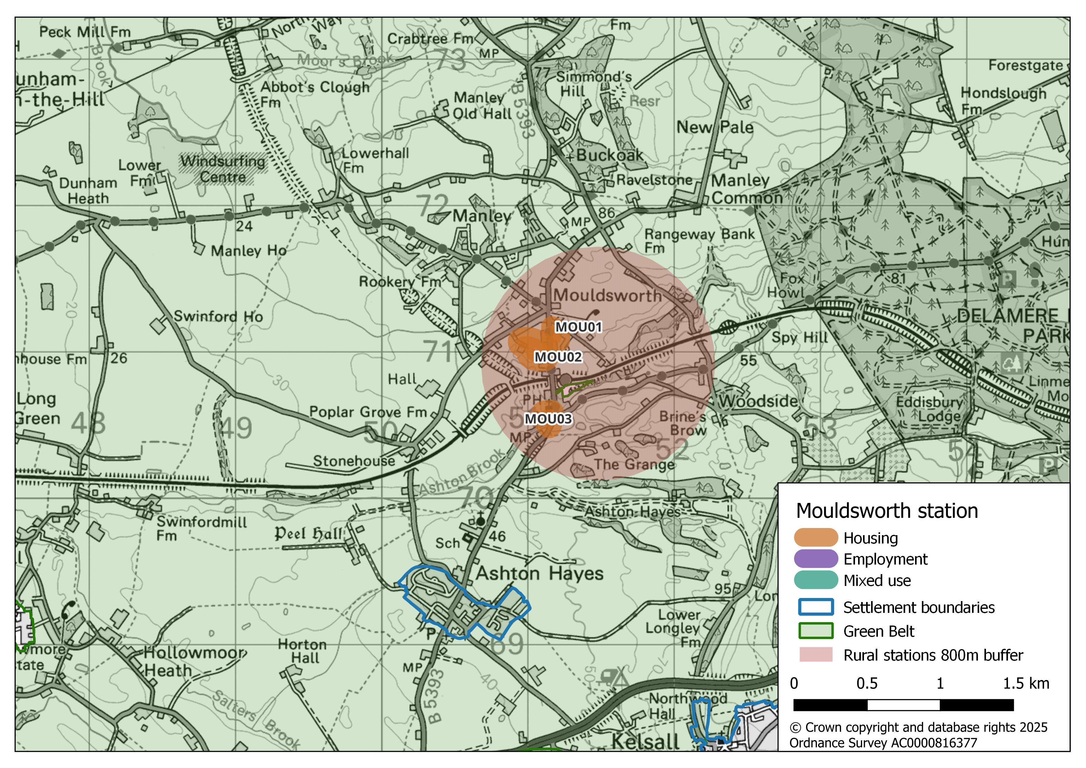 Map showing Mouldsworth Station’s potential growth areas. An 800 m circular rural station buffer, highlighted in light red, surrounds three housing areas (MOU01, MOU02, and MOU03).