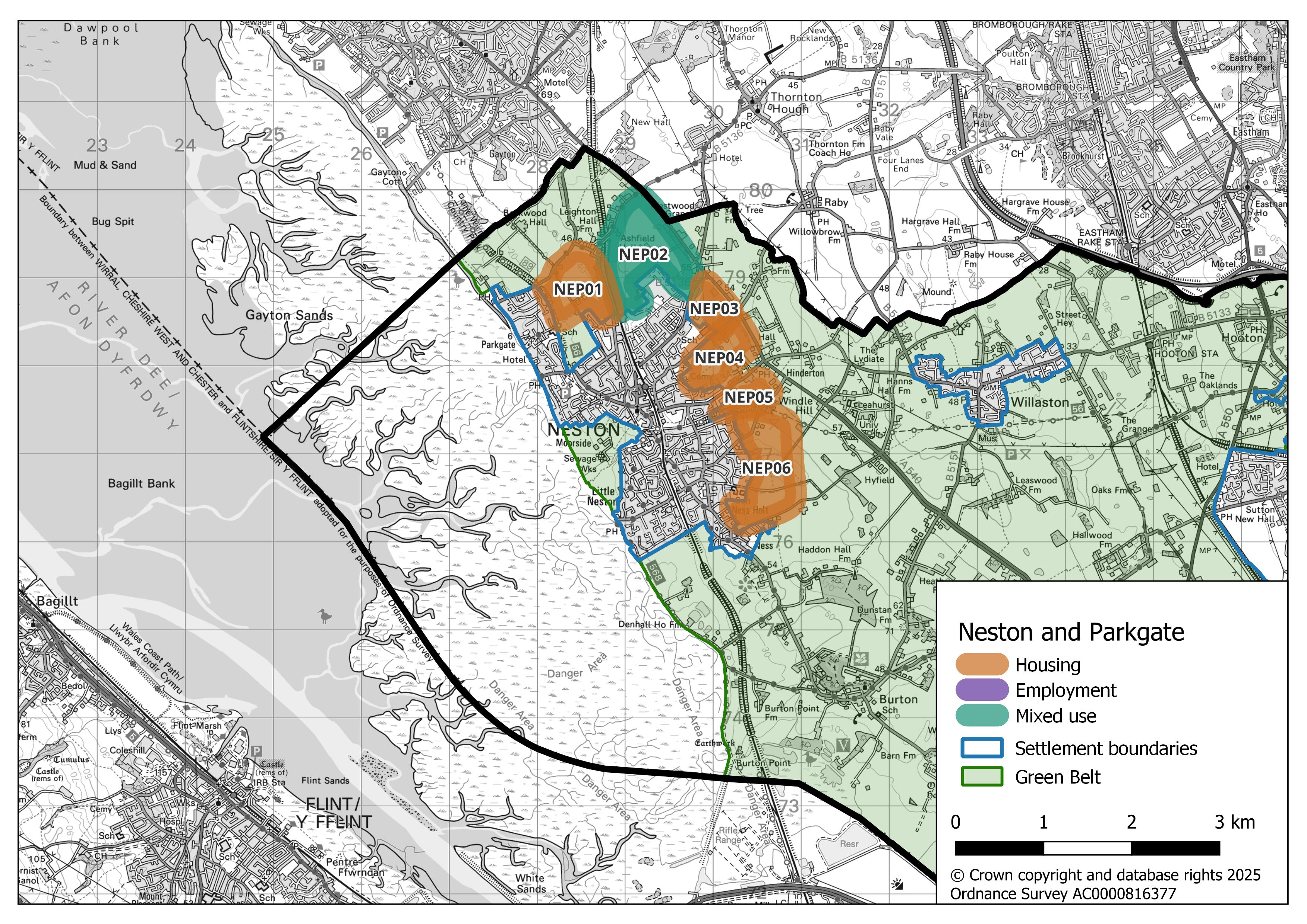 Map showing Neston’s potential growth areas. Five areas highlighted in orange (NEP01, NEP03, NEP04, NEP05, and NEP06) located to the north-west and east of the settlement are designated for housing. One dark green area in the north (NEP02) is designated for mixed use.