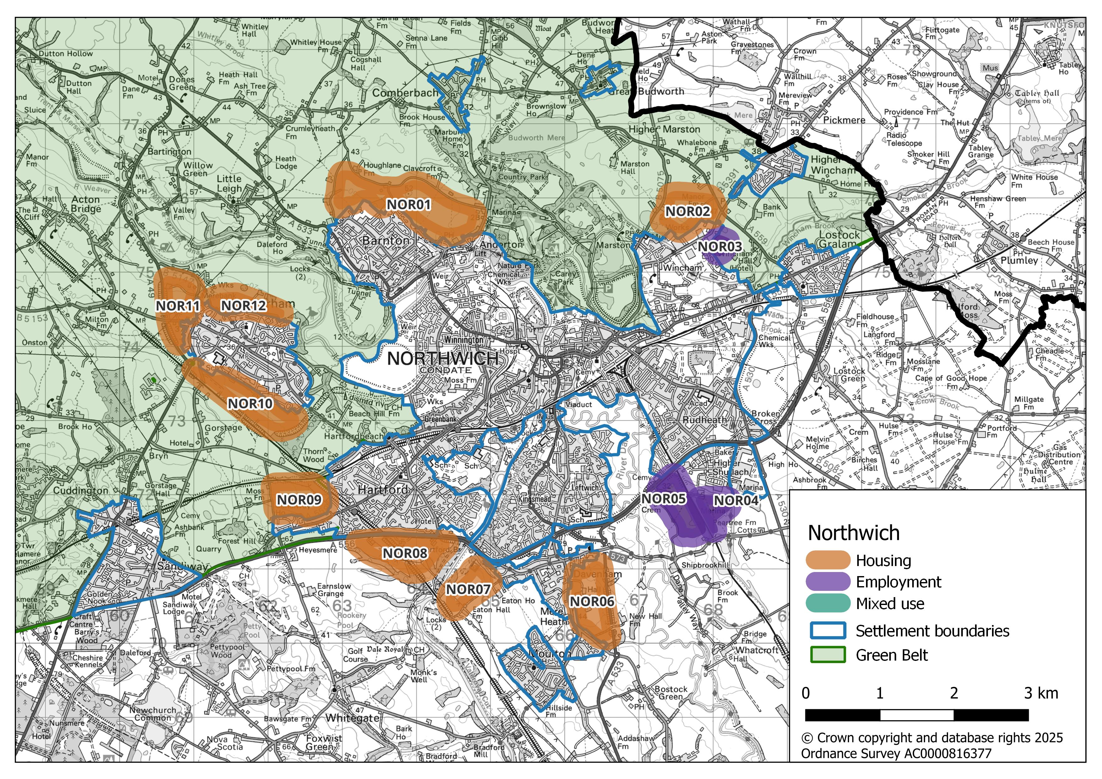 Map showing Northwich’s potential growth areas. Areas highlighted in orange around the main settlement boundaries are designated for housing (NOR01, NOR02, NOR06, NOR07, NOR08, NOR09, NOR10, NOR11, and NOR12). Three areas, NOR03, NOR04, and NOR05, are designated for employment.