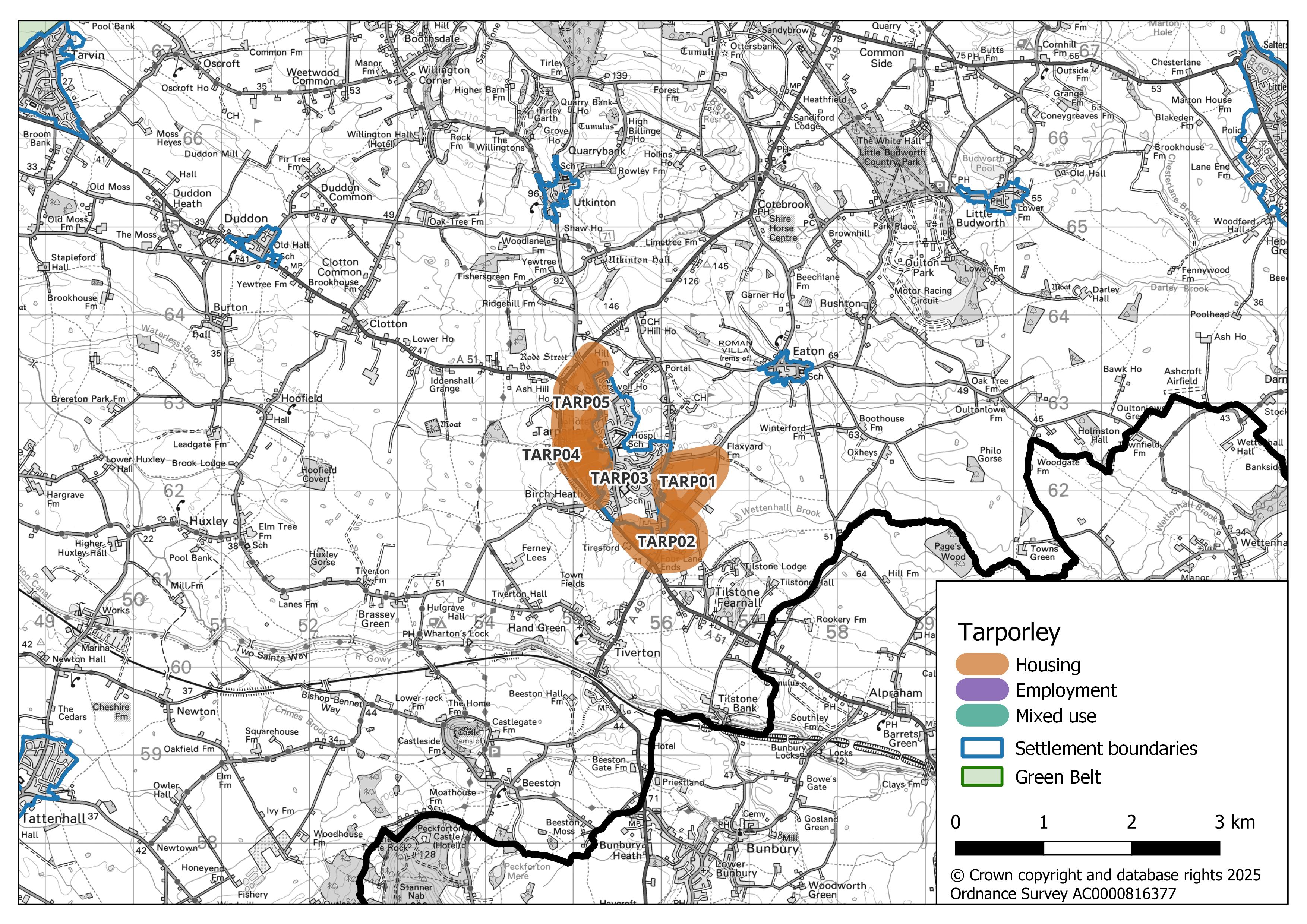 Map showing Tarporley’s potential growth areas. Five areas highlighted in orange (TARP01, TARP02, TARP03, TARP04, and TARP05) located to the west and south-east of the settlement are designated for housing.