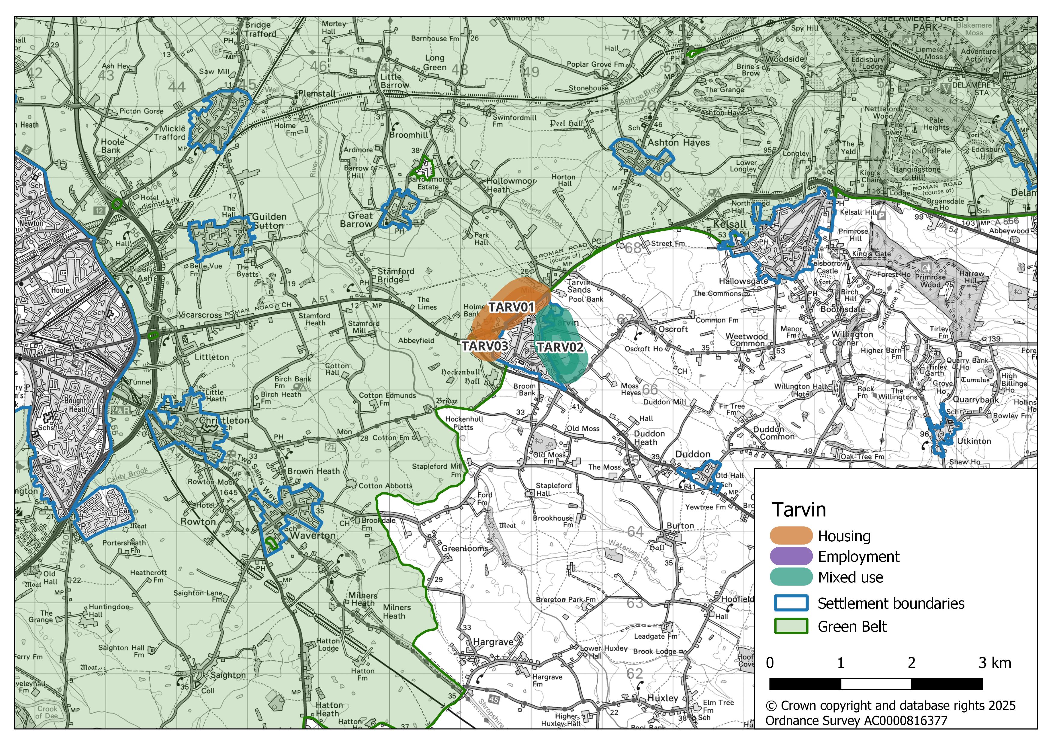Map showing Tarvin’s potential growth areas. Two areas highlighted in orange (TARV01 and TARV03) to the west of the settlement are designated for housing. One dark green area to the east is designated for mixed use (TARV02).