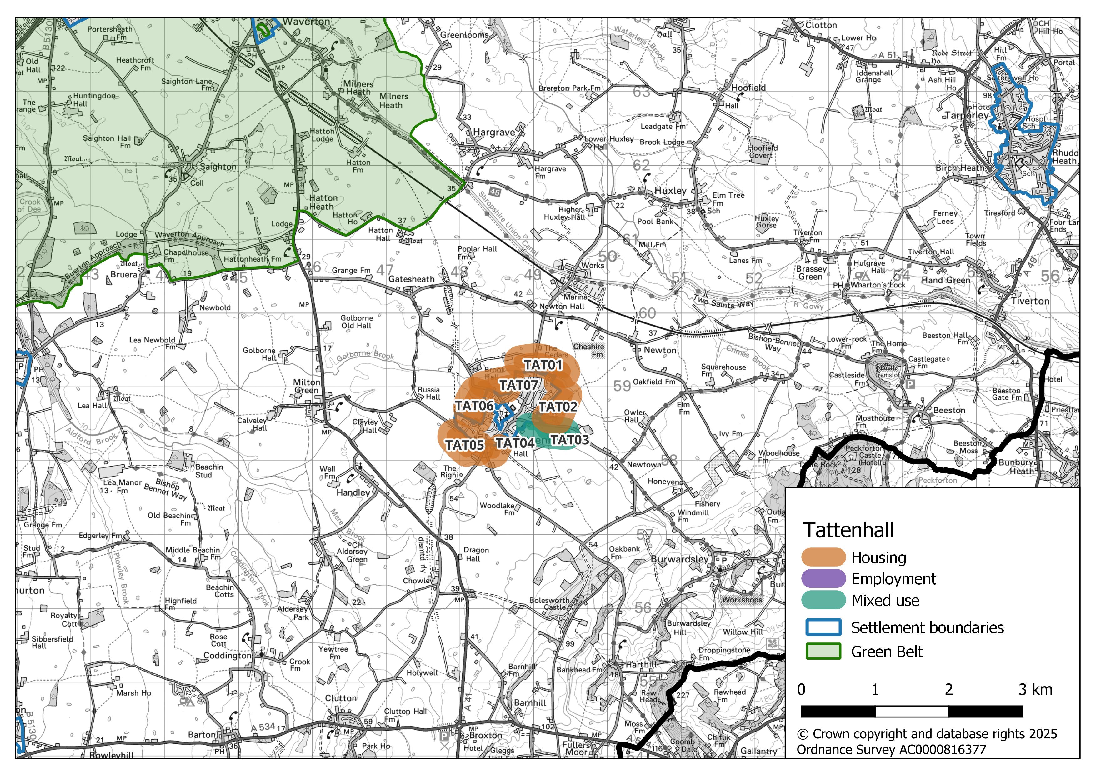 Map showing Tattenhall’s potential growth areas. Five areas highlighted in orange (TAT01, TAT02, TAT05, TAT06, and TAT07) around the settlement boundary are designated for housing. One dark green area to the south-east (TAT03) is designated for mixed use.