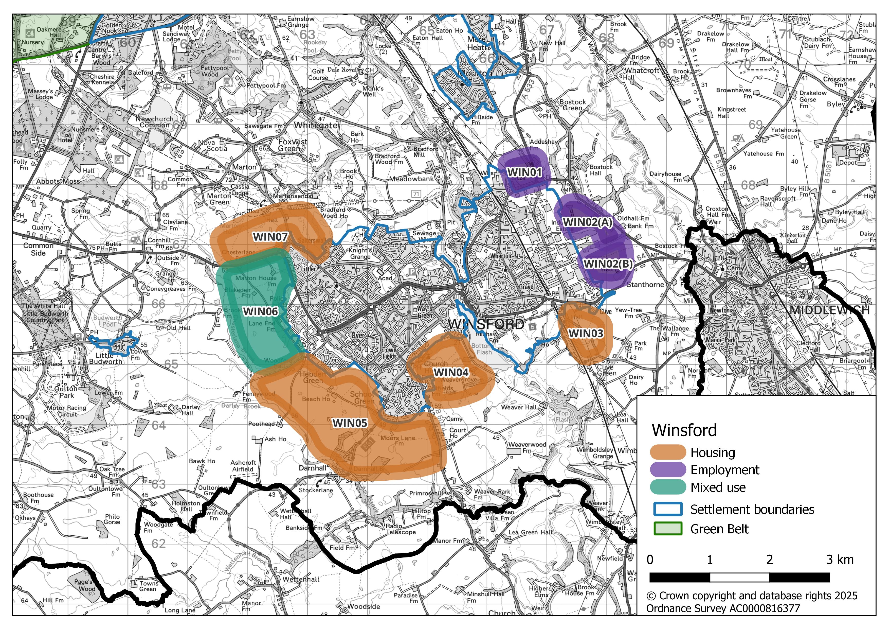 Map of Winsford showing growth areas: housing sites (WIN03–05, WIN07) in orange east and south of the settlement, one mixed-use site (WIN06) in dark green to the west, and employment sites (WIN01, WIN02(A), WIN02(B)) in purple to the east.